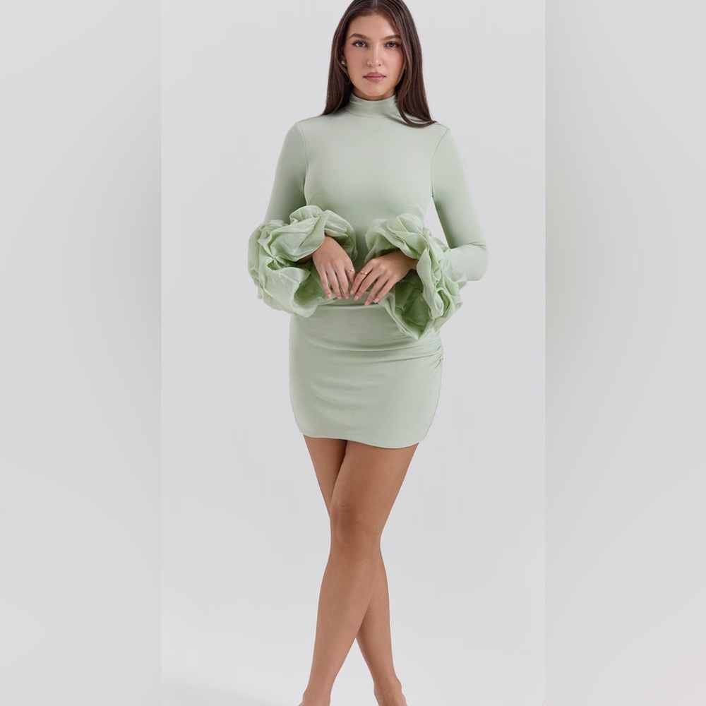 House of CB 'Camilla' PistachioLong Sleeve Ruffle Cuff Mini Dress - Picture 2 of 7